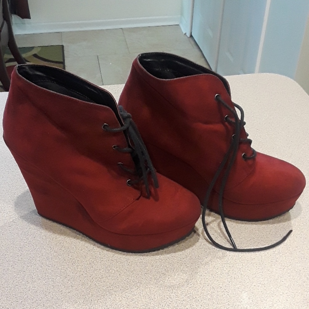 Deep red suede wedge booties